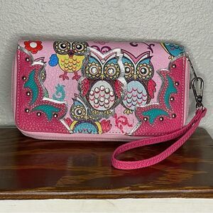 Colorful Owl Wallet Wristlet Pink Blue Yellow White With Silver Rivet Detail